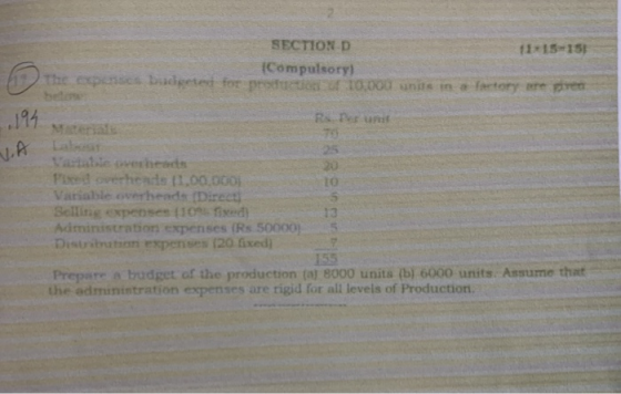 15155 SECTION D Compulsory den 10.000 s the budget for t ory 1. A tak Pued overheads 11,00.000 Variable overheads Direct Sell