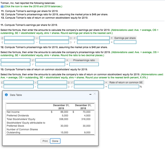 Tolman, Inc. had reported the following balances: B (Click the icon to view the 2018 and 2019 balances.) 11. Compute Tolmans