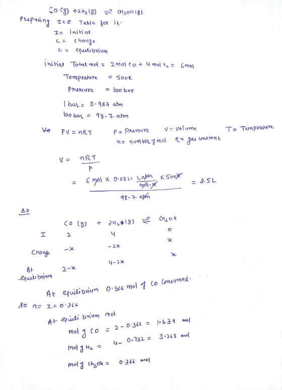Co(g) +242 (3) = CH30H18) Preparing ICE Table for it I= initial = change to equilibrium Initial Total mol = 2molcot u mol 42