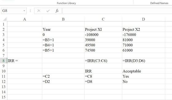 Function Library Defined Names G8 : Х fic A B C D 1 2 Year 3 0 4 Project XI -108000 39000 49500 74500 =B3+1 =B4+1 =B5+1 Proje