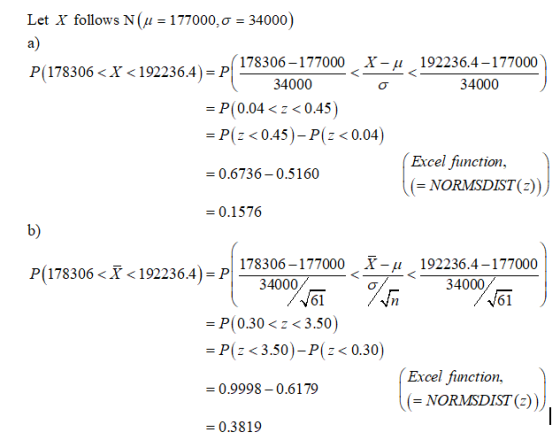 Let X follows N(u = 177000,0 = 34000) a) P(178306 < X <192236,4)=P 178306-177000X -u 192236.4-177000 340000 34000 = P(0.04<=<