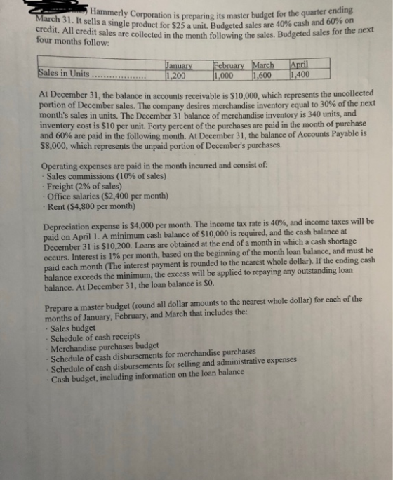Hammerly Corporation is preparing its m March 31. It sells a single product for $25 a unit. Budgeted sales are 40 credit. All
