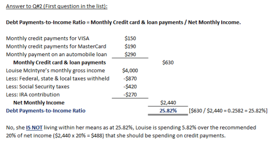Answer to Q#2 (First question in the list): Debt Payments-to-Income Ratio Monthly Credit card & loan payments / Net Monthly Income. $150 Monthly credit payments for VISA Monthly credit payments for MasterCard $190 Monthly payment on an automobile loan$290 $630 Monthly Credit card & loan payments Louise Mclntyres monthly gross income Less: Federal, state & local taxes withheld Less: Social Security taxes Less: IRA contribution $4,000 $870 -$420 -$270 Net Monthly Income Debt Payments-to-Income Ratio , 40 25.82% [$630 / $2.440-0.2582-25.82%) No, she is NOT living within her means as at 25.82%, Louise is spending 5.82% over the recommended 20% of net income ($2,440 x 20%-$488) that she should be spending on credit payments.