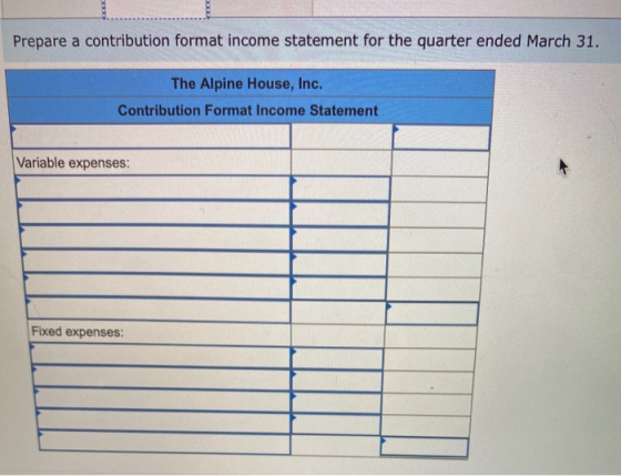 Prepare a contribution format income statement for the quarter ended March 31. The Alpine House, Inc. Contribution Format Inc
