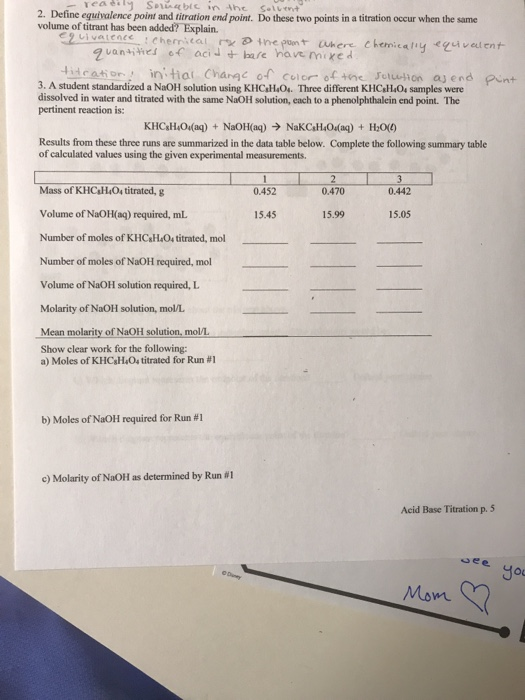 Teaei Satnbic n the Solut Do these two points in a titration occur when the same 2. Define equivalence point and titration en