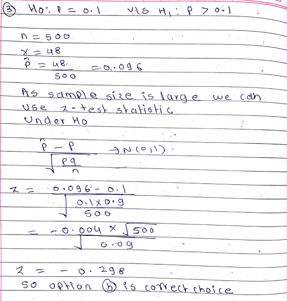 ③ How up = 0.1 WAS Hiip zool n = 500 Di x=48 ê .=.48 soo 20.096 we can As sample size is larg use a-test statistic under Ho T