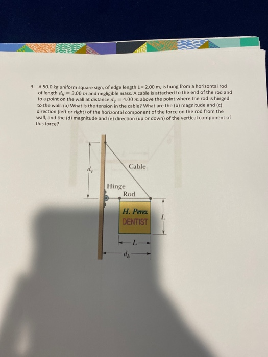 3. A 50.0 kg uniform square sign, of edge length L2.00 m, is hung from a horizontal rod of length d, 3.00 m and negligible ma