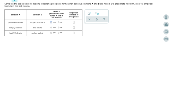 Complete the table below by deciding whether a precipitate forms when aqueous solutions A and B are mixed. If a precipitate w