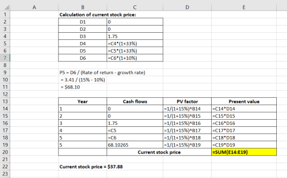 А Calculation of current stock price: D1 По D2 D3 D4 D5 DO lo 1.75 =C4*(1+33%) =C5*(1+33%) =C6*(1+10%) P5 = D6 / (Rate of ret