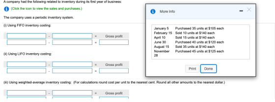 A company had the following related to inventory during its first year of business: (Click the icon to view the sales and pur
