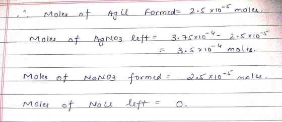 ^ Moles of Moles of All formed= 2.5x10-s moles. AgNO3 left = 3.75*10 - 2.5x105 - 3.5810-4 moles. Moles of Nano3 formed = 2.5