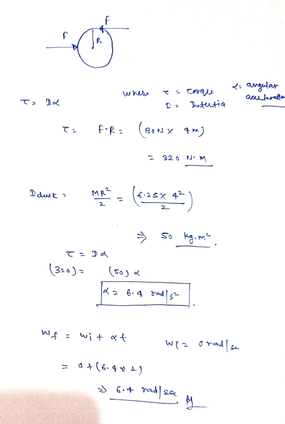 f f where angular acularation T2 Eroglu Datertia Dol てこ foro (conx 4raj 320 NEM Idusk = 6.25% 42 so kg.me. T C - D d (320) =