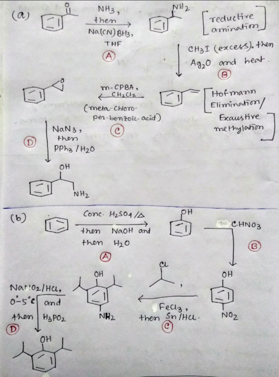 NH3, N2 (a) El then [reductive] then Na(CN) BH3, THE reductive amination / A CH3 I (excess), then | Ag₂0 and heat. m-CPBA, LC