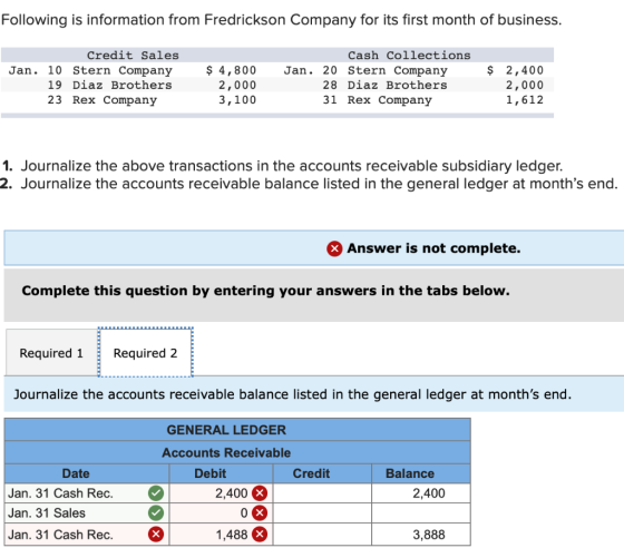 Following is information from Fredrickson Company for its first month of business. Credit Sales Jan. 10 Stern Company 19 Diaz