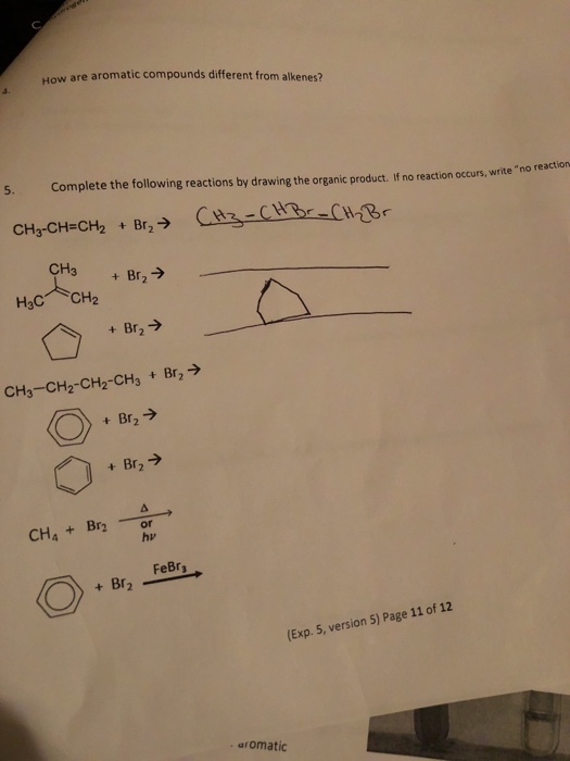 How are aromatic compounds different from alkenes? 5. Complete the following reactions by drawing the organic product. If no reaction occurs, write no reaction CH3-CH=CH2 + Br2→ (Hu ( CH3 +Br2 → H3C CH2 + Br2→ CH3-CH2-CH2-CH3 + Br2- +Br2 → CH4 + Br2-or- hv FeBr3 (Exp. 5, version 5) Page 11 of 12 aromatic
