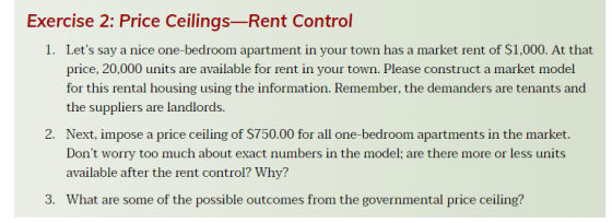 Exercise 2: Price Ceilings-Rent Control 1. Lets say a nice one-bedroom apartment in your town has a market rent of $1,000. A