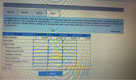 Reg A1 Req AZ Reg B 12 Compute the production costs for each product for January using the cost drivers recommended by the co