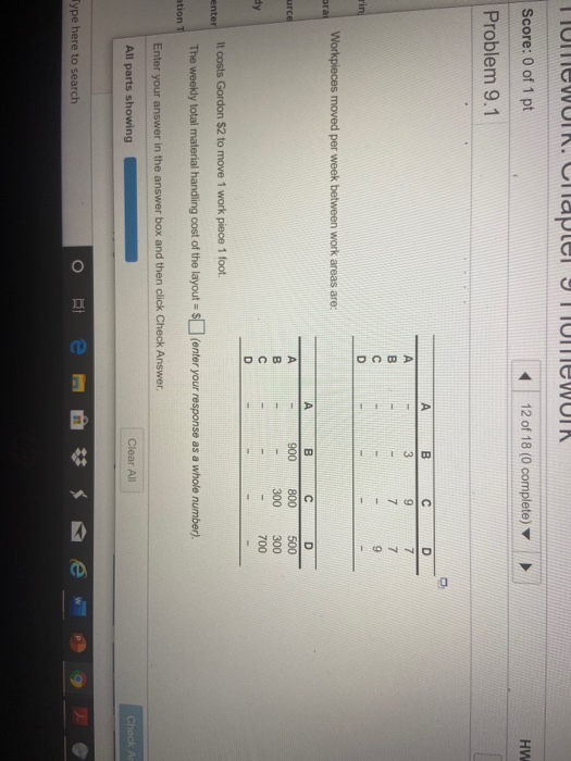 о IINGO UneworK. Clapt Tewulk Score: 0 of 1 pt 12 of 18 (0 complete) HW Problem 9.1 A В A 7 7 7 rin Workpieces moved per week