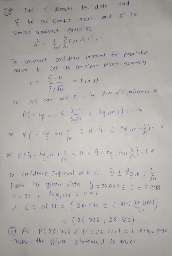 and Soln Let Y denote the data and s² be ID be the sample meam sample variance given by s? 1 § (yi-j2 n-1 izl To Construct co