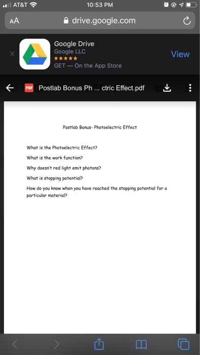 . AT&T 10:53 PM AA Adrive.google.com Google Drive Google LLC View + + + GET — On the App Store f PDF Postlab Bonus Ph ... ctr