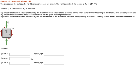 Chapter 15, Reserve Problem 150 The stresses on the surface of a hard bronze component are shown. The yield strength of the b