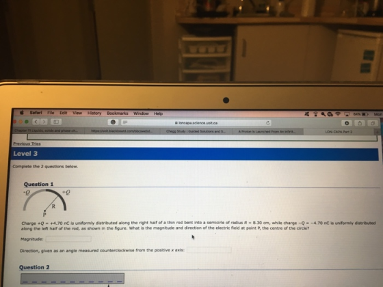 Safari Fille Edit View History Window Help LON-CAPA Part 2 Previous Tries Level 3 Complete the 2 questions below. Question1 -0 t0 Charge +Q-+4.70 nC is uniformly distributed along the right half of a thin rod bent into a semicirle of radus R·B 30 cm, while charge-Q·ー4.70 nC is uniform, distributed along the left half of the rod, as shown in the figure. What is the magnitude and direction of the electric field at point P, the centre of the circle? Magnitude: Direction, given as an angle measured counterclockwise from the positive x axis: Question2