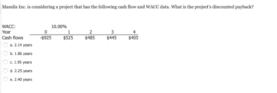 Masulis Inc. is considering a project that has the following cash flow and WACC data. What is the projects discounted paybac