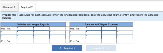 Required 1 Required 2 Prepare the T-accounts for each account, enter the unadjusted balances, post the adjusting journal entr