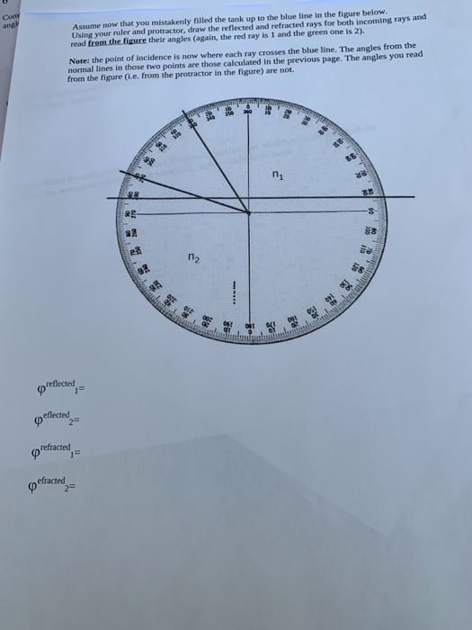 Assume now that you mistakenly filled the tank up to the blue line in the figure below. Using your ruler and protractor, draw