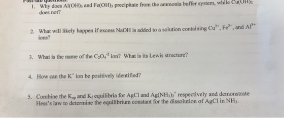 PUSL- U yuuSLIULIS. 1. Why does Al(OH)3 and Fe(OH), precipitate from the ammonia buffer system, while Cu(OH)2 does not? 2. Wh