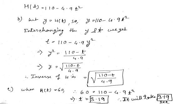 Hlut) -110-6.9ť? b). let ya H(f) so, y ollo-4.94² Interchanging the yst eget t=110-4.9.6? .:-)yz - 110-t ... - yo silot & Inv