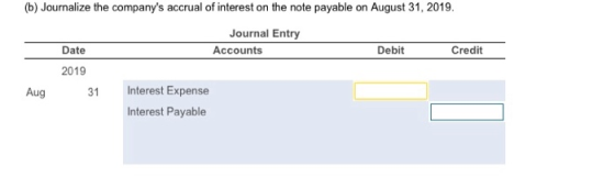 (b) Journalize the companys accrual of interest on the note payable on August 31, 2019 Journal Entry Accounts Date Debit Cre