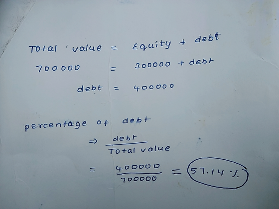Total (value EQui ty t de = 200000 t debt percentage of debt Total value