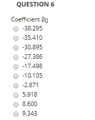 QUESTION 6 Coefficient Bo O -38.295 O -35.410 O -30.895 ?-27.386 0-17.498 10.105 0-2.871 0 5.918 O 8.600 O 9.343