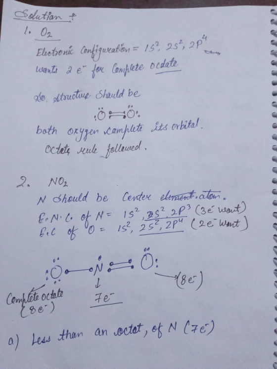 Selution t 1. O2 Ehebonic Configuration = 15, 25, 2p wanls a e for Canplete bedate tty o dtructue Shauld be both orypen campl