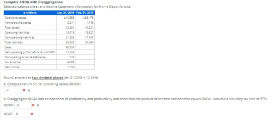 Compute RNOA with Disaggregation Selected balance sheet and income statement information for Home Depot follows. $ millions J