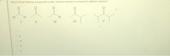 Which of the following compounds is least reactive towards a nucleophilic addition reaction? H H H IV II II1O V