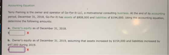 Accounting Equation Terry Fleming is the owner and operator of Go-For-It LLC, a motivational consulting business. At the end