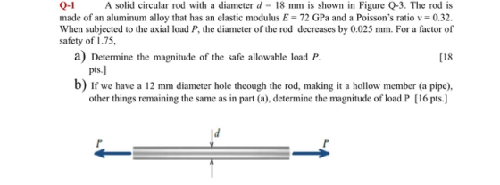 Q-1 A solid circular rod with a diameter d = 18 mm is shown in Figure Q-3. The rod is made of an aluminum alloy that has an e