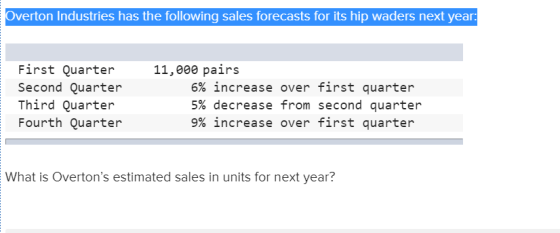 Overton Industries has the following sales forecasts for its hip waders next year: First Quarter 11,000 pairs 6% increase ove