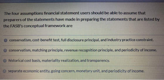 The four assumptions financial statement users should be able to assume that preparers of the statements have made in prepari