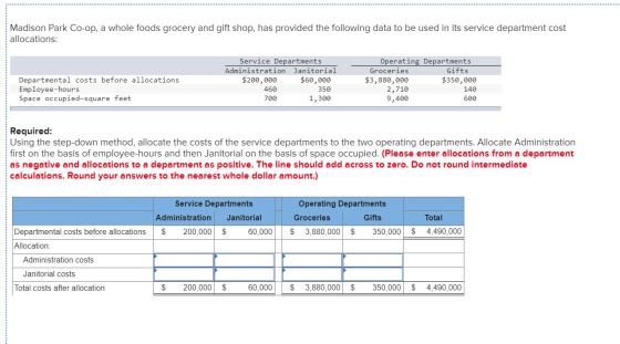 Madison Park Co-op, a whole foods grocery and gift shop, has provided the following data to be used in its service department