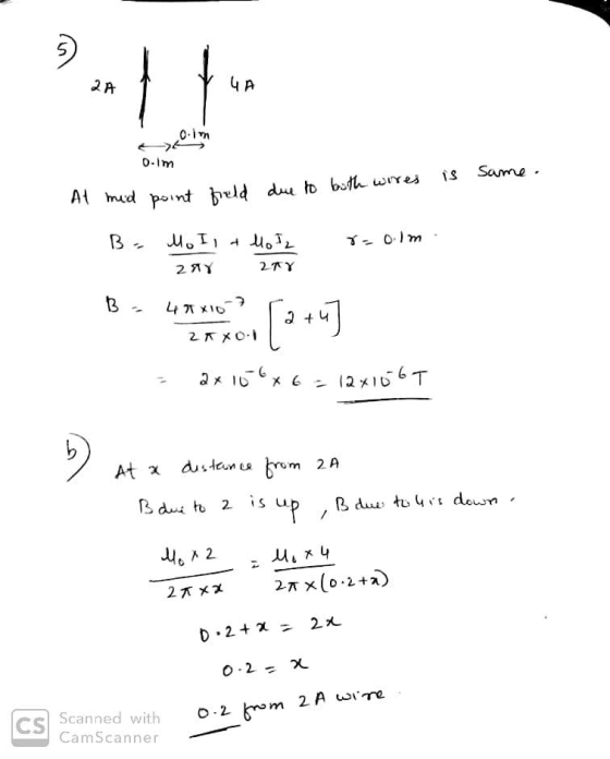 2 A 1 Y O.IT > > Dim is same. due to both wires At mid point field B . r= o.lm. Mo I, a Mo I ₂ 288 28 Bowen [3+4] - 2x166x6 =