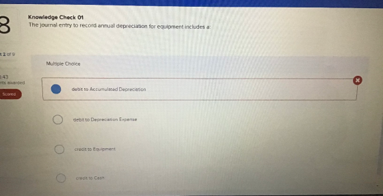 3 Knowledge Check 01 The journal entry to record annual depreciation for equipment includes a: + 2 of 9 Multiple Choice 0.43
