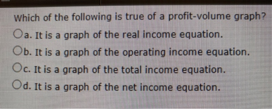 Which of the following is true of a profit-volume graph? Oa. It is a graph of the real income equation. Ob. It is a graph of