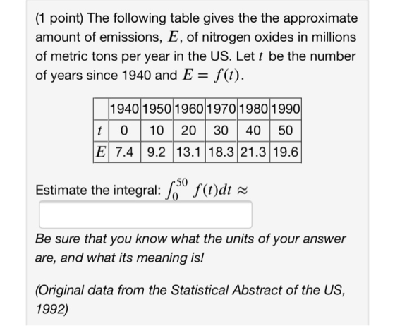 (1 point) The following table gives the the approximate amount of emissions, E, of nitrogen oxides in millions of metric tons