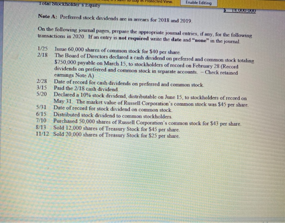 Total Stockholders Equity View Enable Editing 18.XXXX Note A: Preferred stock dividends are in arrears for 2018 and 2019. On