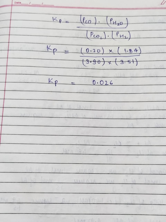 Kpe (Pcol. (PH₂O) Pol. (PH) Kp - (0-20) x ( 1.84) 43090) x 3.5+) Kp = 0.026