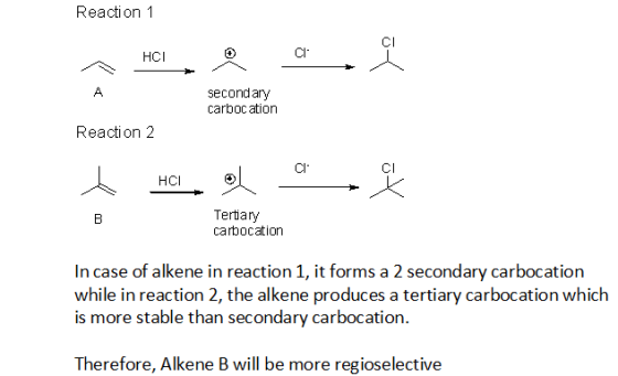 Reaction 1 # Carê secondary carbocation Reaction 2 + HCl, el , Tertiary carbocation In case of alkene in reaction 1, it forms