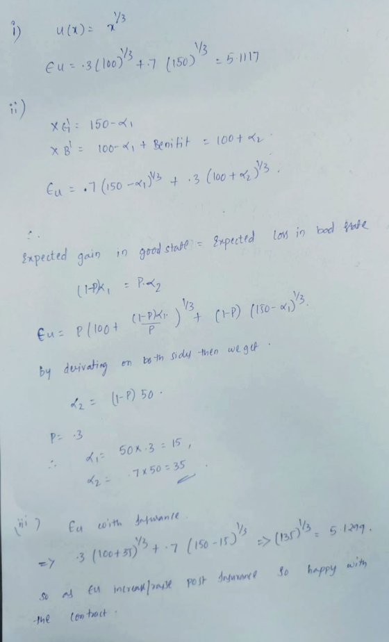 0 Y3 u(x) = x EU = -3 (100)s +7 (150) 5:117 (150) XG = 150-21 x B = 100-4, + Benitit = 100+ 42 Eu : 07 (150 -4, JUB + 13 (1